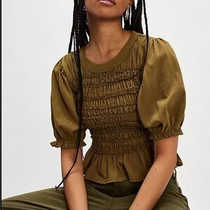 Free People Olive Smocked Top